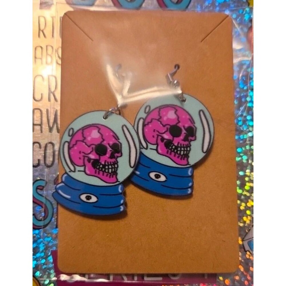 Spooky globe Halloween blue purple dangle Gothic skull earrings